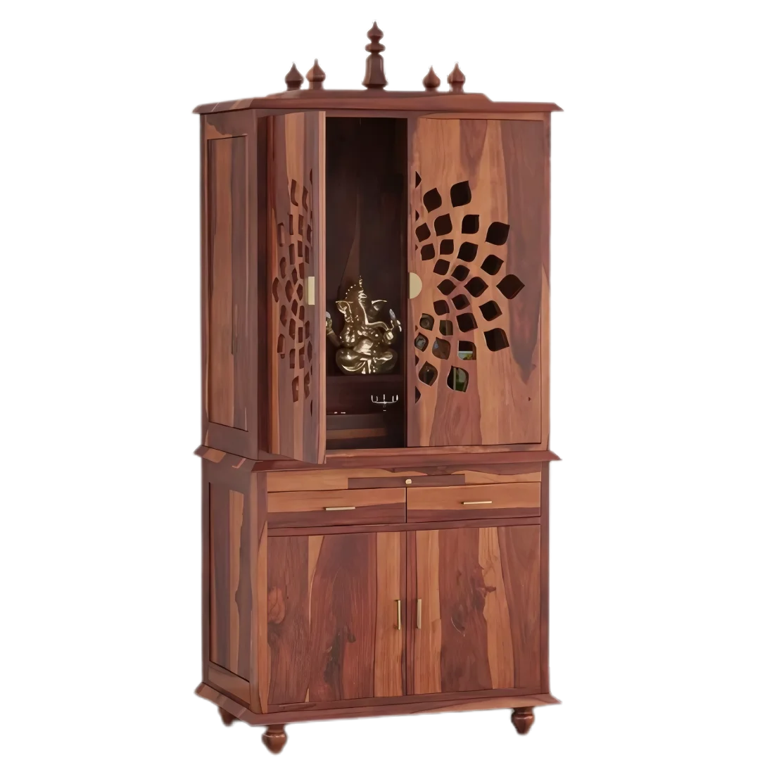 Shrayana Teak Wood Pooja Mandap with Door - Teak