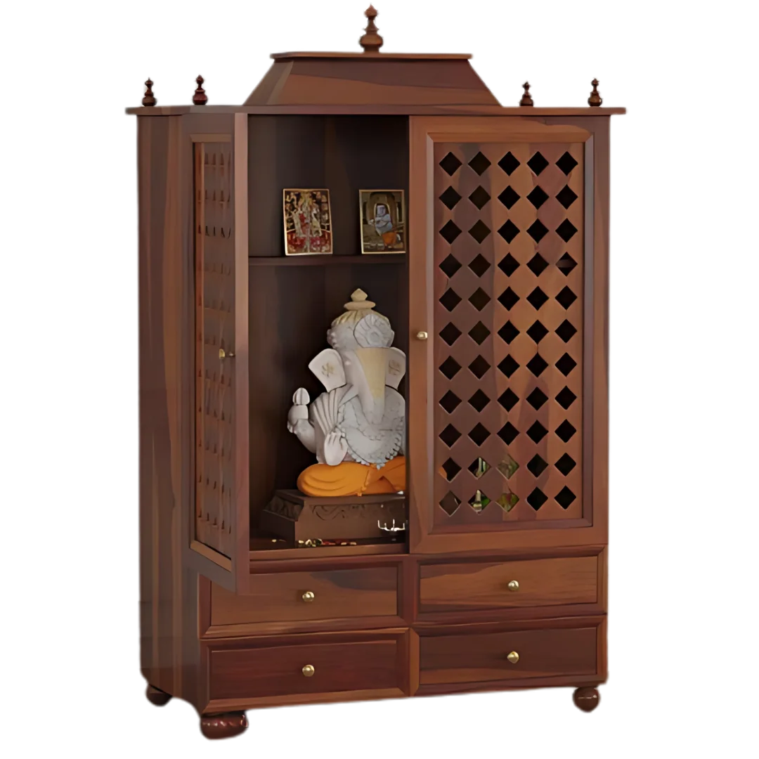 Aarvith Teak Wood Pooja Mandap with Door - Teak