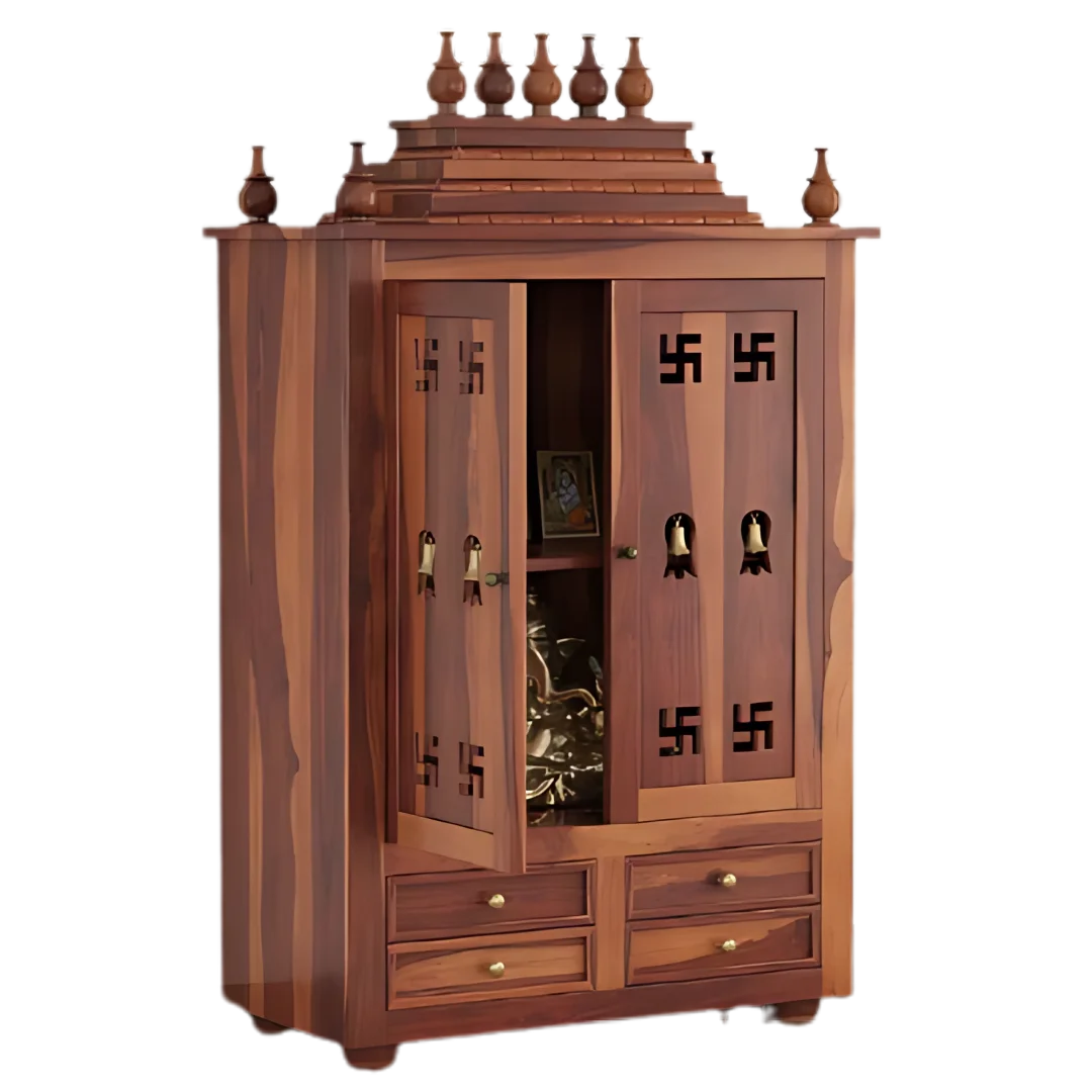 Shreom Teak Wood Pooja Mandap with Door - Teak